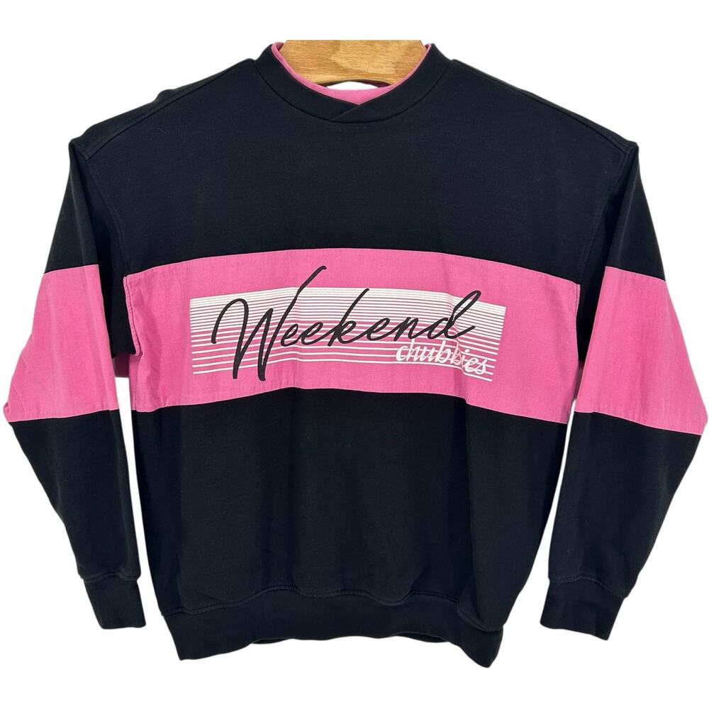 Men's Black Pink Chubbies Weekend The Nightclub Pieced Crewneck Sweatshirt Sz M